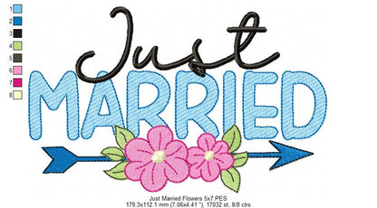 Just Married Arrow and Flowers - Fill Stitch Embroidery