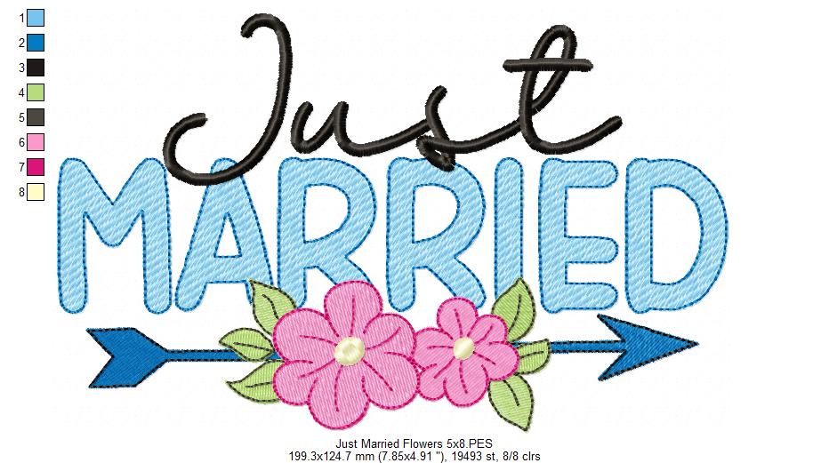 Just Married Arrow and Flowers - Fill Stitch Embroidery