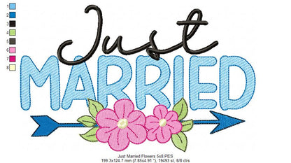 Just Married Arrow and Flowers - Fill Stitch Embroidery