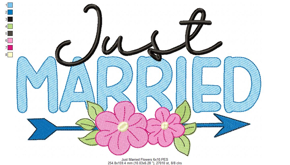 Just Married Arrow and Flowers - Fill Stitch Embroidery