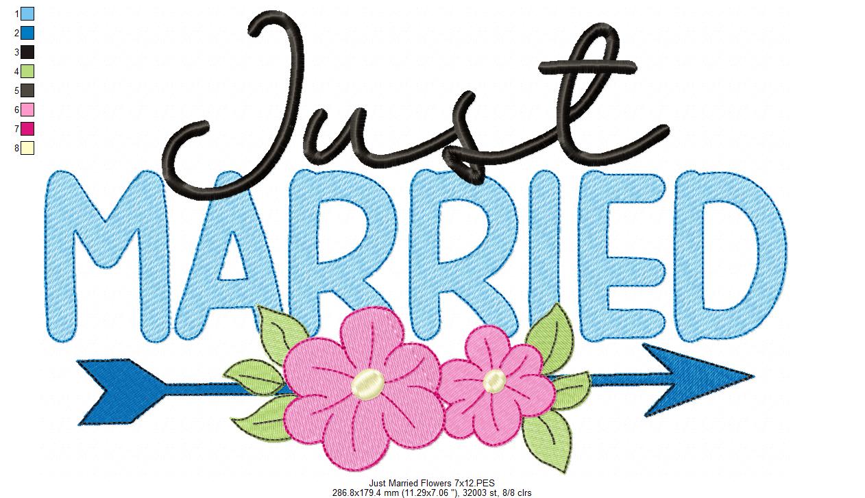 Just Married Arrow and Flowers - Fill Stitch Embroidery