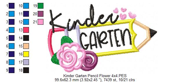 Kinder Garten Pencil and Flowers - Applique - Machine Embroidery Design