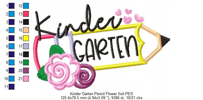 Kinder Garten Pencil and Flowers - Applique - Machine Embroidery Design