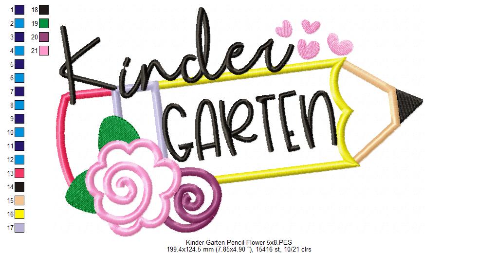 Kinder Garten Pencil and Flowers - Applique - Machine Embroidery Design