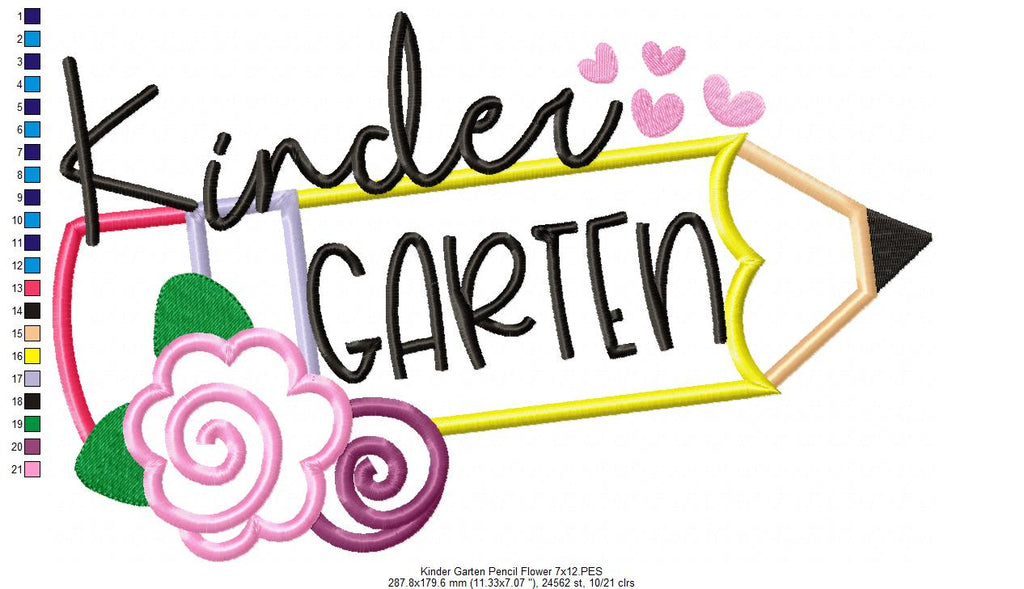 Kinder Garten Pencil and Flowers - Applique - Machine Embroidery Design