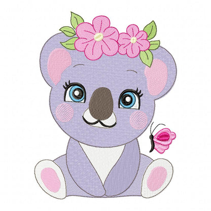 Cute Koala with Flowers – Fill Stitch & Appliqué – Machine Embroidery Design