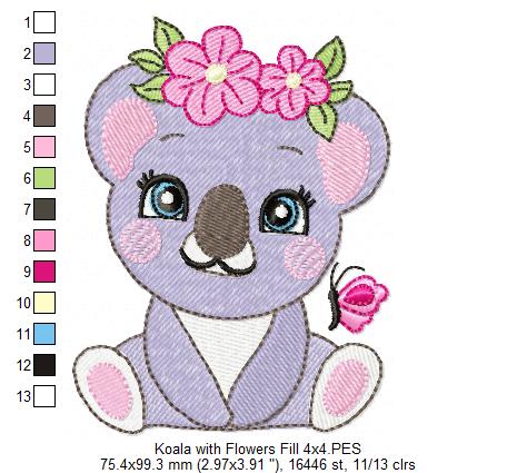 Cute Koala with Flowers – Fill Stitch & Appliqué – Machine Embroidery Design