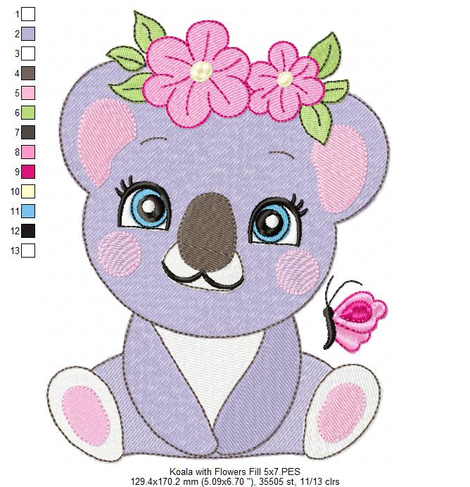 Cute Koala with Flowers – Fill Stitch & Appliqué – Machine Embroidery Design