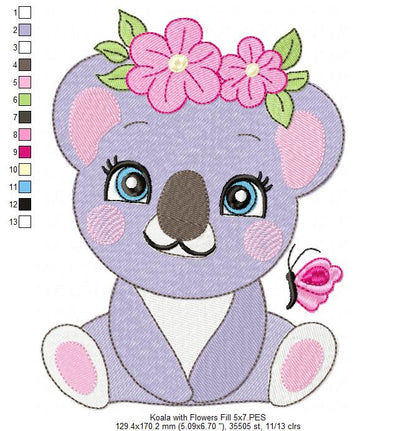 Cute Koala with Flowers – Fill Stitch & Appliqué – Machine Embroidery Design