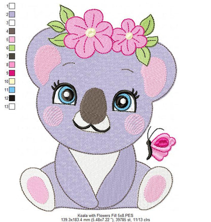 Cute Koala with Flowers – Fill Stitch & Appliqué – Machine Embroidery Design