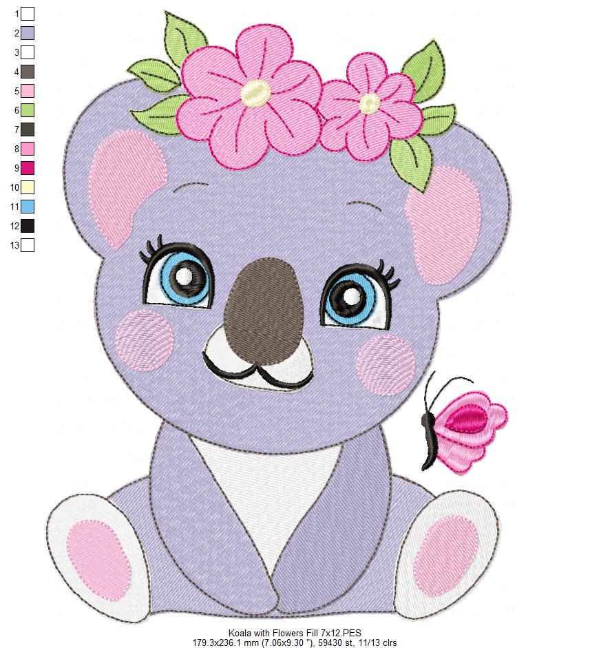 Cute Koala with Flowers – Fill Stitch & Appliqué – Machine Embroidery Design