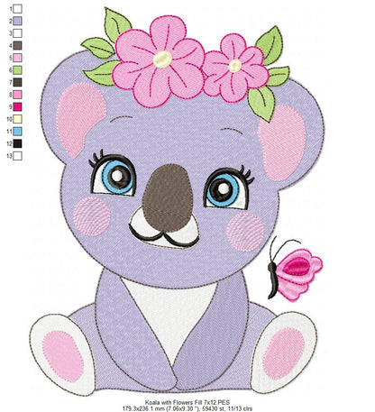 Cute Koala with Flowers – Fill Stitch & Appliqué – Machine Embroidery Design