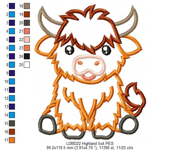 Sweet Highland Cow - Appliqué - Machine Embroidery Design