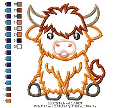 Sweet Highland Cow - Appliqué - Machine Embroidery Design