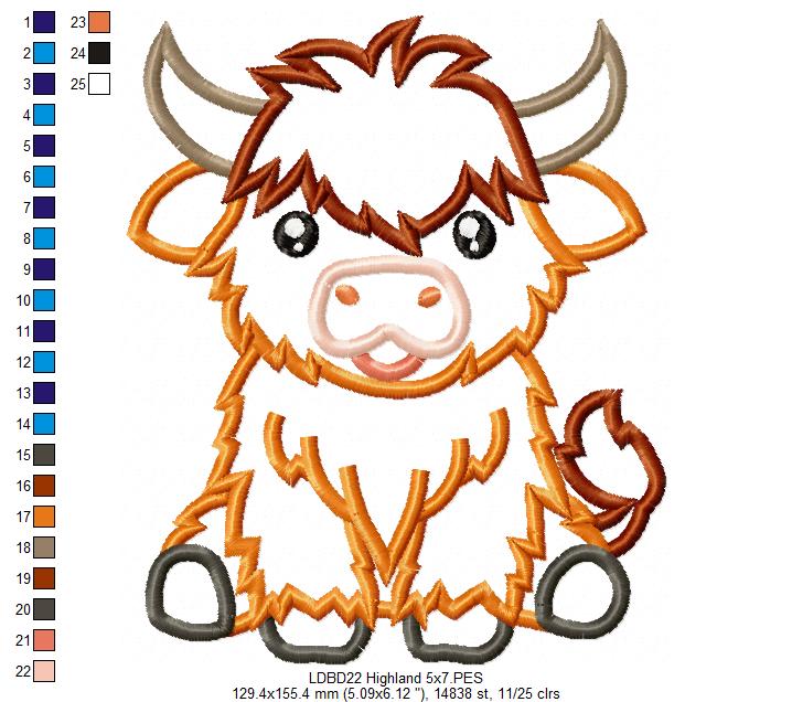 Sweet Highland Cow - Appliqué - Machine Embroidery Design