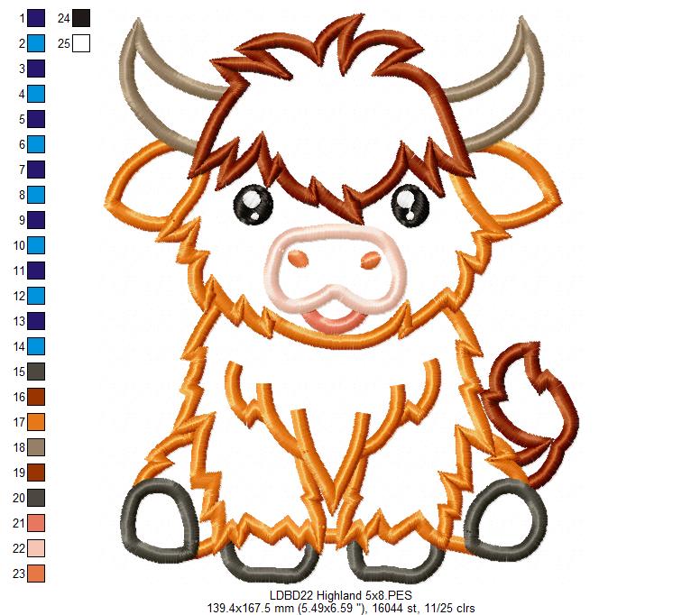 Sweet Highland Cow - Appliqué - Machine Embroidery Design