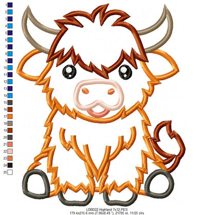 Sweet Highland Cow - Appliqué - Machine Embroidery Design