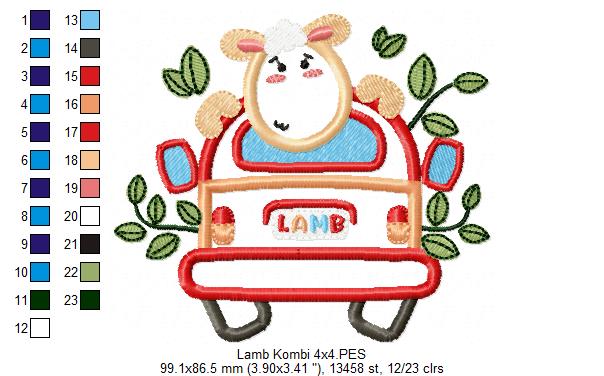 Lamb Traveling on a Kombi - Applique - Machine Embroidery Design