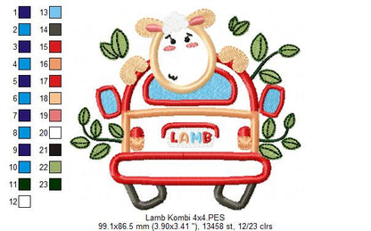 Lamb Traveling on a Kombi - Applique - Machine Embroidery Design