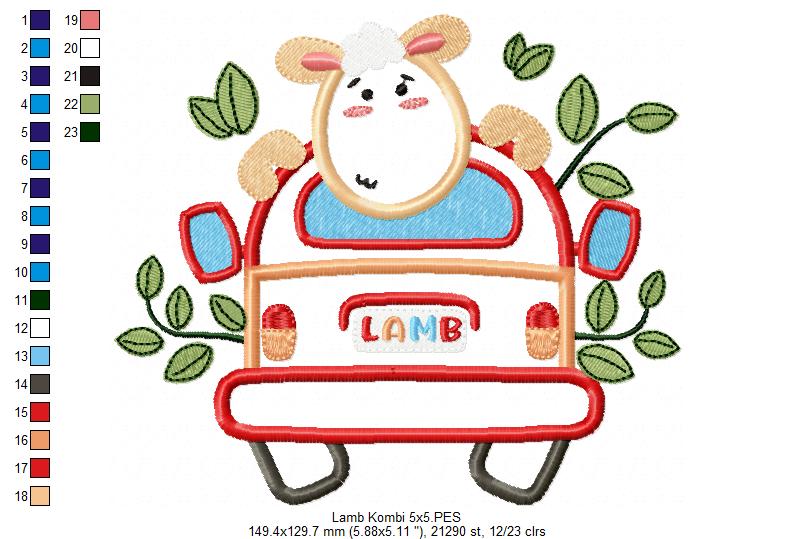 Lamb Traveling on a Kombi - Applique - Machine Embroidery Design