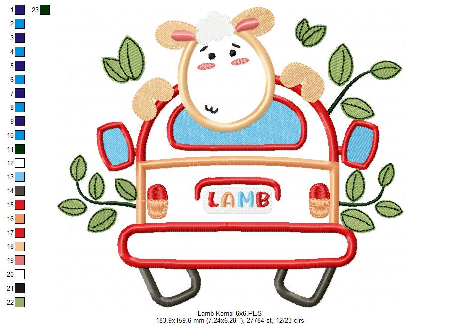 Lamb Traveling on a Kombi - Applique - Machine Embroidery Design
