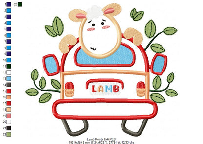 Lamb Traveling on a Kombi - Applique - Machine Embroidery Design