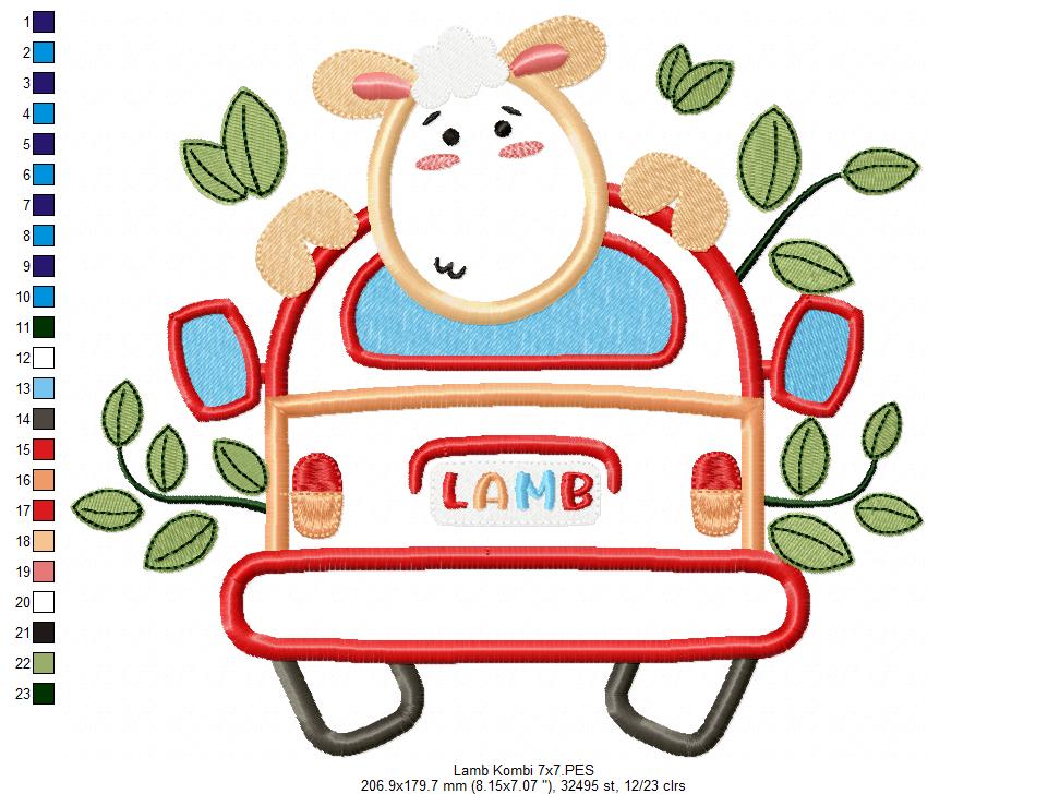 Lamb Traveling on a Kombi - Applique - Machine Embroidery Design