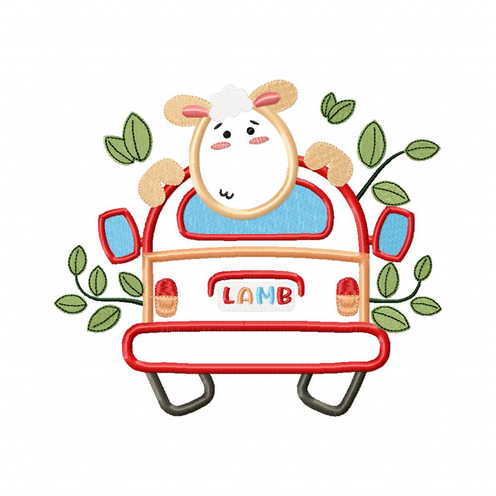 Lamb Traveling on a Kombi - Applique - Machine Embroidery Design