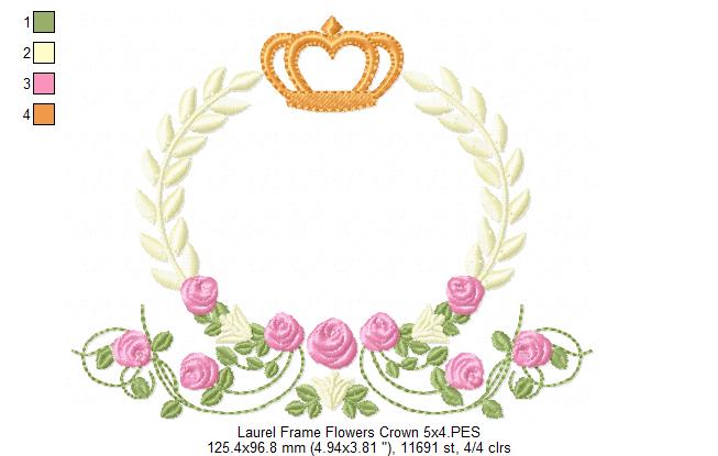 Laurel Floral and Crown Frame - Fill Stitch