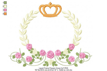 Laurel Floral and Crown Frame - Fill Stitch