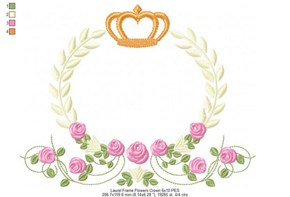Laurel Floral and Crown Frame - Fill Stitch