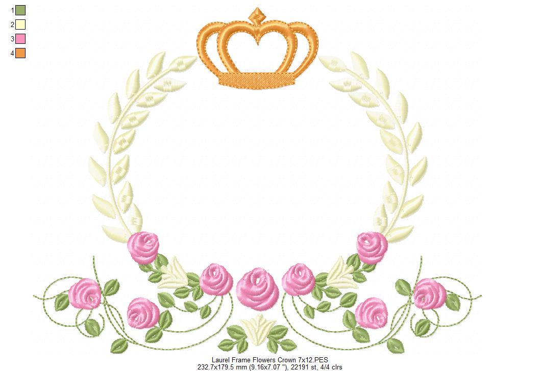 Laurel Floral and Crown Frame - Fill Stitch