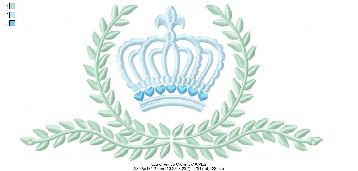 Laurel Prince and Princess Crown - Set of 2 Designs - Fill Stitch Embroidery