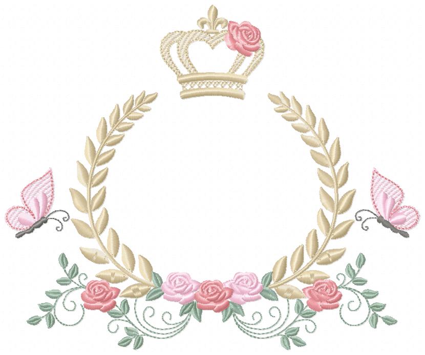 Enchanted Laurel Wreath with Crown and Fluttering Friends – Fill Stitch – Machine Embroidery Design
