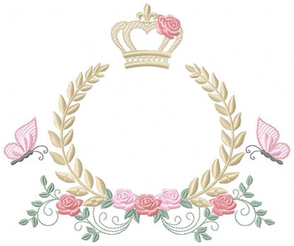 Enchanted Laurel Wreath with Crown and Fluttering Friends – Fill Stitch – Machine Embroidery Design
