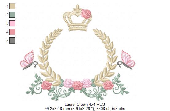 Enchanted Laurel Wreath with Crown and Fluttering Friends – Fill Stitch – Machine Embroidery Design