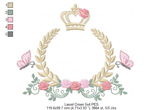 Enchanted Laurel Wreath with Crown and Fluttering Friends – Fill Stitch – Machine Embroidery Design