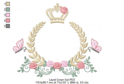 Enchanted Laurel Wreath with Crown and Fluttering Friends – Fill Stitch – Machine Embroidery Design