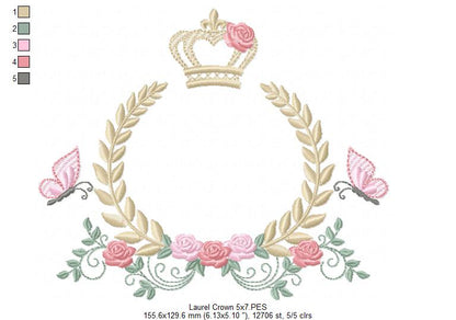 Enchanted Laurel Wreath with Crown and Fluttering Friends – Fill Stitch – Machine Embroidery Design