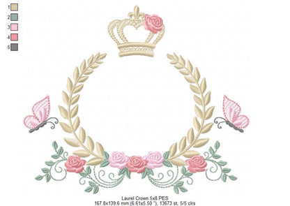 Enchanted Laurel Wreath with Crown and Fluttering Friends – Fill Stitch – Machine Embroidery Design