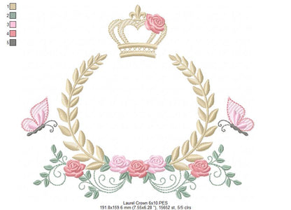 Enchanted Laurel Wreath with Crown and Fluttering Friends – Fill Stitch – Machine Embroidery Design