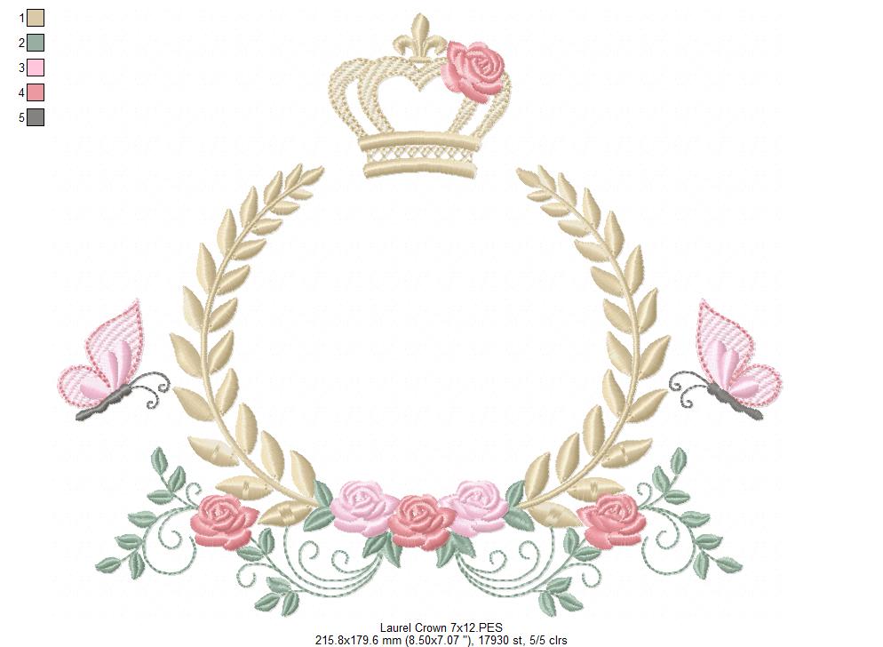 Enchanted Laurel Wreath with Crown and Fluttering Friends – Fill Stitch – Machine Embroidery Design