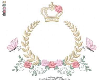 Enchanted Laurel Wreath with Crown and Fluttering Friends – Fill Stitch – Machine Embroidery Design