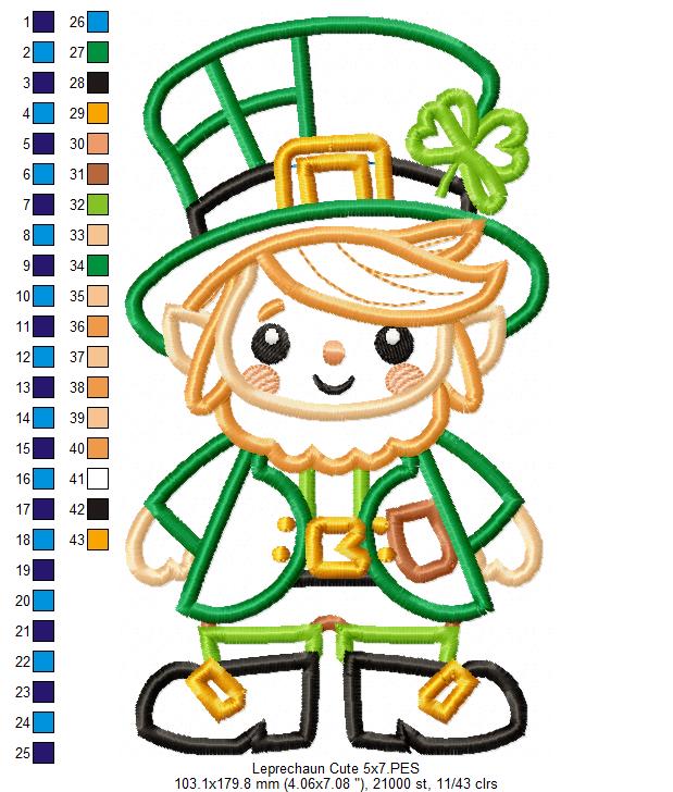 Cute Leprechaun  - Applique - Machine Embroidery Design