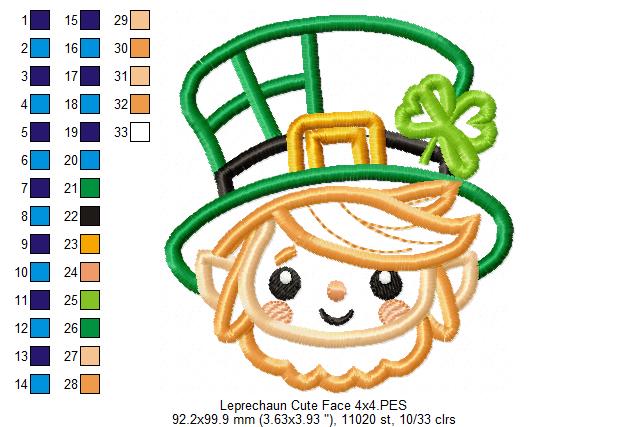Cute Leprechaun Face  - Applique - Machine Embroidery Design