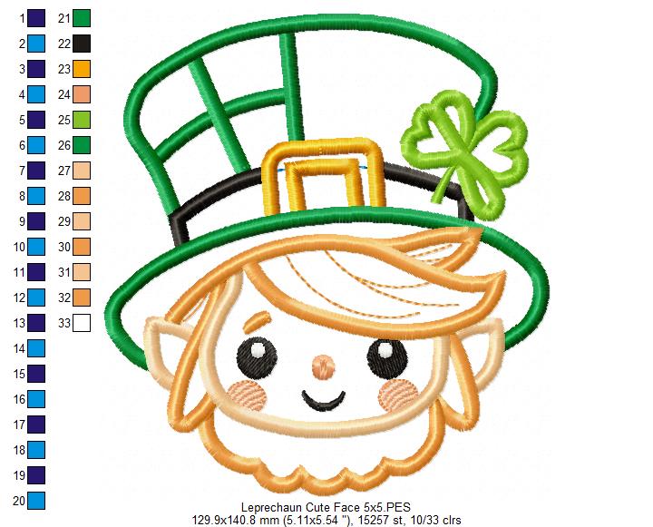 Cute Leprechaun Face  - Applique - Machine Embroidery Design