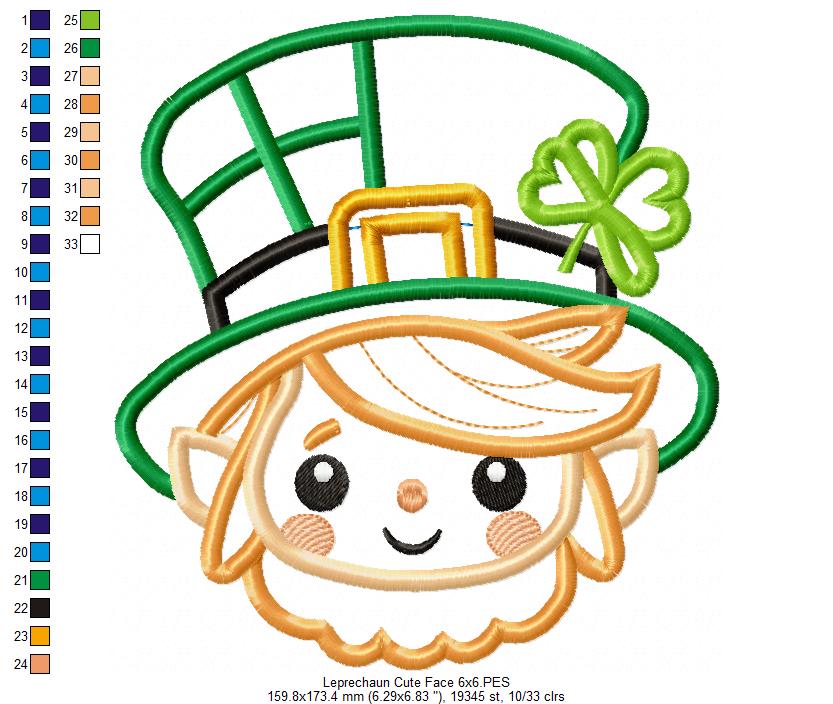 Cute Leprechaun Face  - Applique - Machine Embroidery Design