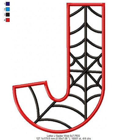 Monogram J Spider Web Letter J - Applique Embroidery