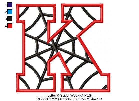 Monogram K Spider Web Letter K - Applique Embroidery