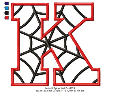 Monogram K Spider Web Letter K - Applique Embroidery